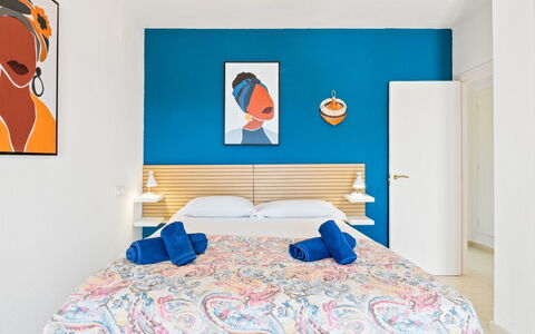 Las Mimosas: Property, Azure, Comfort, Textile, Orange, Bed Frame, Bed, Paint, Wood, Linens