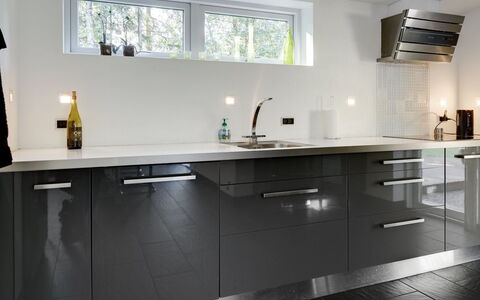 Elza - 800M from the Sea: Flooring, Cabinetry, Interior Design, Kitchen, Countertop, Floor, Home, Kitchen Appliance, Light Fixture, Cupboard