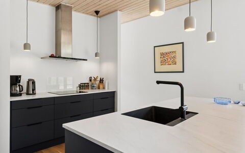 Gonne - 350M from the Sea: Countertop, Kitchen, Interior Design, Furniture, Light Fixture, Cabinetry, Wood, Flooring, Ceiling, Sink