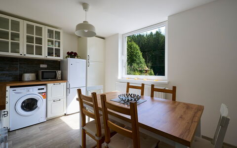 Harrachov 582: Furniture, Property, Table, Cabinetry, Chair, Wood, Kitchen Stove, Countertop, Interior Design, Window