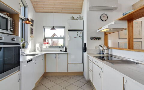 Lothen - 500M from the Sea: Kitchen, Countertop, Kitchen Appliance, Interior Design, Cabinetry, Flooring, Furniture, Major Appliance, Wood, Ceiling