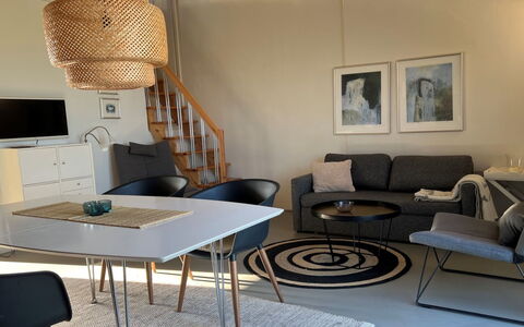 Birgitta - 150M from the Sea: Furniture, Interior Design, Flooring, Floor, Wood, Table, Chair, Living Room, Couch, Lighting