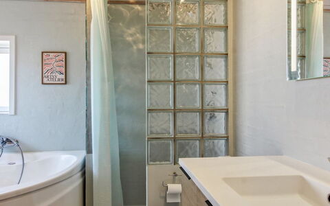 Åmunde - 150M from the Sea: Wall, Interior Design, Flooring, Floor, Lighting, Room, Ceiling, Glass, Home, Bathroom