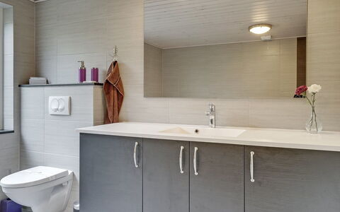 Avia - 500M from the Sea: Flooring, Plumbing Fixture, Interior Design, Sink, Floor, Bathroom Sink, Bathroom Cabinet, Bathroom, Cabinetry, Countertop