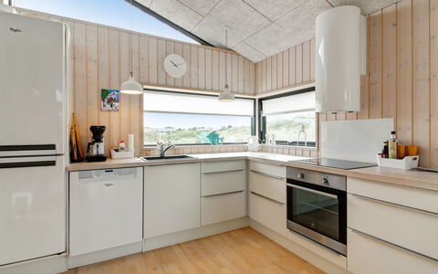 Mikkel - 300M from the Sea: Kitchen, Kitchen Appliance, Countertop, Interior Design, Flooring, Major Appliance, Wood, Cabinetry, Home Appliance, Ceiling