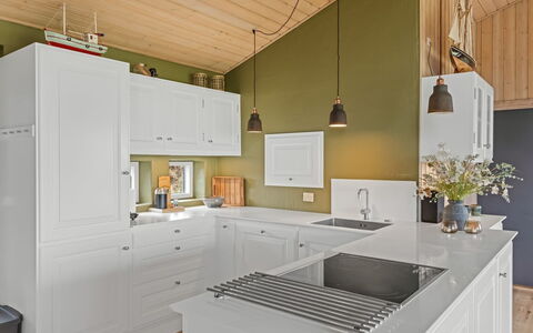 Eelin - 275M from the Sea: Kitchen, Interior Design, Flooring, Cabinetry, Countertop, Furniture, Wood, Ceiling, Light Fixture, Kitchen Appliance