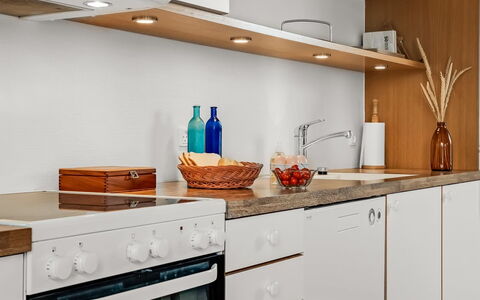 Elmo - 300M from the Sea: Kitchen, Countertop, Interior Design, Wood, Cabinetry, Kitchen Appliance, Flooring, Furniture, Home, Home Appliance