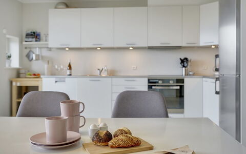 Katharine - 600M from the Sea: Furniture, Interior Design, Flooring, Countertop, Kitchen, Kitchen Appliance, Floor, Cabinetry, Ceiling, Room