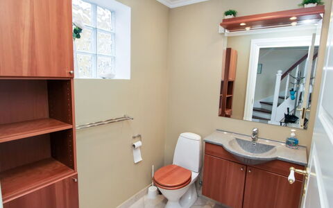 Swarthovde - 300M from the Sea: Plumbing Fixture, Flooring, Bathroom Sink, Bathroom Cabinet, Interior Design, Wood, Floor, Sink, Bathroom, Cabinetry