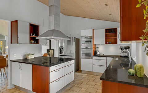 Berenika - 500M from the Sea: Kitchen, Flooring, Countertop, Interior Design, Cabinetry, Furniture, Floor, Ceiling, Wood, Kitchen Appliance