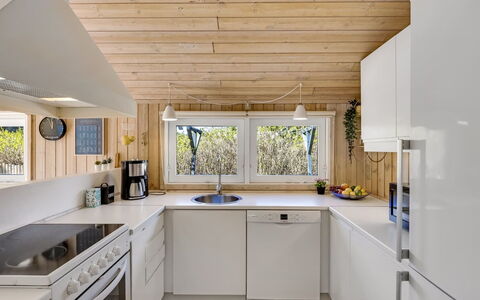 Ømod - 300M from the Sea: Kitchen, Countertop, Kitchen Appliance, Interior Design, Flooring, Major Appliance, Cabinetry, Furniture, Wood, Ceiling