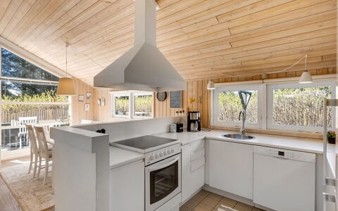 Ømod - 300M from the Sea: Kitchen, Countertop, Flooring, Interior Design, Kitchen Appliance, Furniture, Wood, Floor, Ceiling, Major Appliance