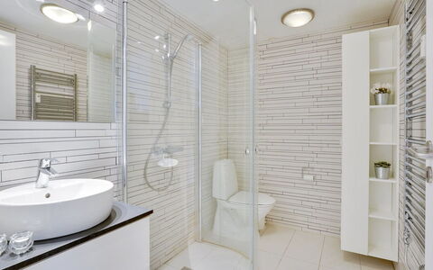 Meglena - 50M from the Sea: Bathroom, Plumbing Fixture, Wall, Interior Design, Flooring, Bathroom Sink, Floor, Ceiling, Plumbing, Sink
