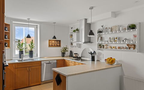 Adelina - 500M from the Sea: Kitchen, Countertop, Kitchen Appliance, Cabinetry, Furniture, Interior Design, Major Appliance, Light Fixture, Ceiling, Flooring