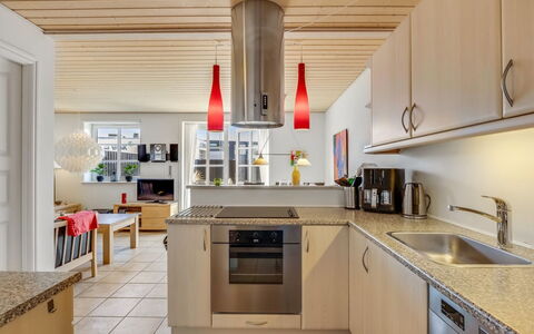 Frænde - 600M from the Sea: Kitchen, Countertop, Furniture, Interior Design, Kitchen Appliance, Flooring, Floor, Cabinetry, Wood, Ceiling
