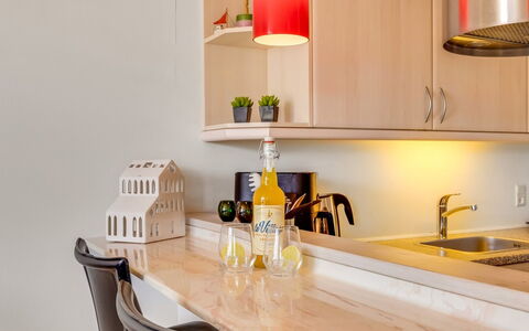 Frænde - 600M from the Sea: Furniture, Interior Design, Countertop, Kitchen, Wood, Flooring, Lighting, Light Fixture, Floor, Cabinetry