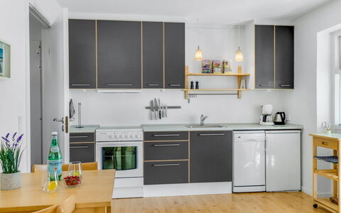 Adla - 450M from the Sea: Kitchen, Kitchen Appliance, Countertop, Furniture, Major Appliance, Flooring, Interior Design, Cabinetry, Wood, Home Appliance