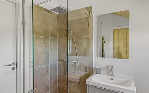 Mieka - 400M from the Sea: Flooring, Interior Design, Floor, Plumbing Fixture, Bathroom, Plumbing, Ceiling, Lighting, Room, Shower