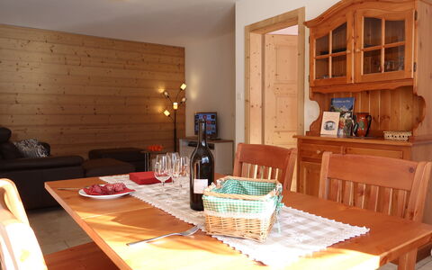 Chalet Molignon: Table, Furniture, Property, Cabinetry, Wood, Chair, Interior Design, Floor, Tablecloth, Flooring
