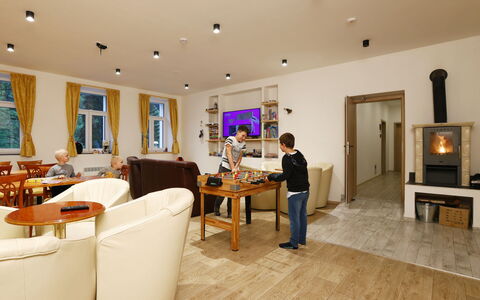 Desná V Jizerských Horách 176: Furniture, Property, Table, Lighting, Chair, Interior Design, Floor, Flooring, Wood, Living Room