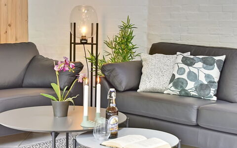 Ellanor - 1Km from the Sea: Furniture, Couch, Interior Design, Living Room, Table, Flooring, Flowerpot, Throw Pillow, Lighting, Home