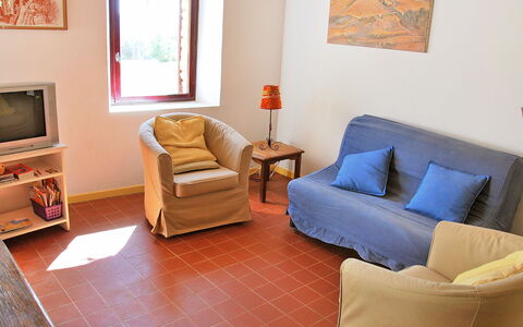 Saint Saturnin D'Apt 105: Room, Furniture, Living Room, Property, Floor, Interior Design, Orange, Couch, Table, House