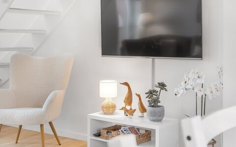 Anelia - 2.3Km from the Sea: Furniture, Interior Design, Television, Electronic Device, Television Set, Living Room, Flooring, Home, Floor