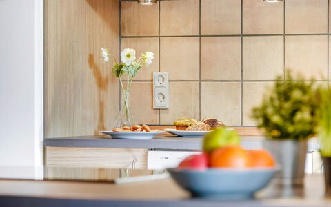 Gabriela - 1Km from the Sea: Kitchen, Countertop, Kitchen Appliance, Tableware, Interior Design, Cabinetry, Home Appliance, Food, Furniture