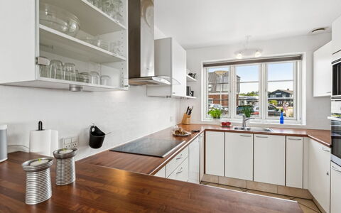 Langsom - 100M from the Sea: Kitchen, Countertop, Kitchen Appliance, Cabinetry, Interior Design, Furniture, Flooring, Major Appliance, Wood, Home Appliance