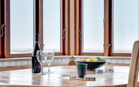 Sybilla - 700M from the Sea: Wood, Interior Design, Glass, Wood Stain, Varnish, Hardwood, Dining Room, Serveware, Daylighting, Kitchen & Dining Room Table