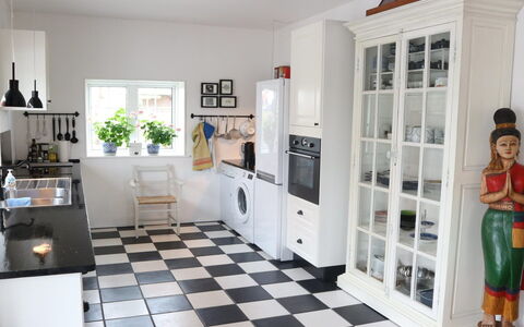 Fridoline - 150M from the Sea: Flooring, Kitchen, Interior Design, Floor, Kitchen Appliance, Cabinetry, Major Appliance, Countertop, Furniture, Home Appliance