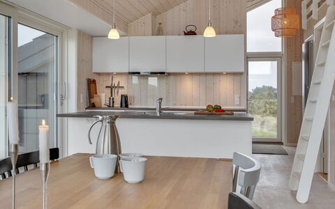 Marjorie - 400M from the Sea: Kitchen, Interior Design, Flooring, Wood, Countertop, Ceiling, Light Fixture, Furniture, Floor, Kitchen Appliance