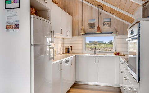 Doris - 150M from the Sea: Kitchen, Kitchen Appliance, Interior Design, Wood, Countertop, Major Appliance, Ceiling, Flooring, Furniture, Home Appliance