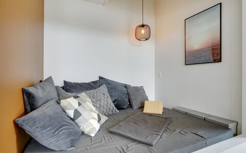 Heidi - 1Km from the Sea: Furniture, Interior Design, Wall, Bedroom, Bed, Floor, Flooring, Room, Textile, Linens