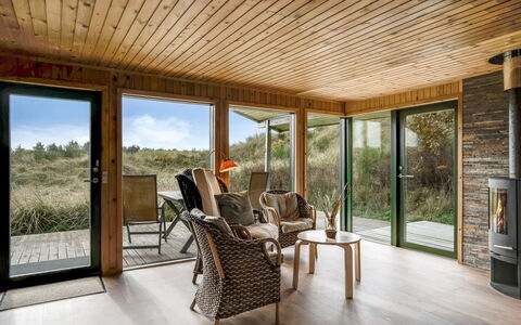 Hunved - 500M from the Sea: Wood, Furniture, Wood Flooring, Ceiling, Hardwood, Chair, Wood Stain, Plank, Porch, Cottage