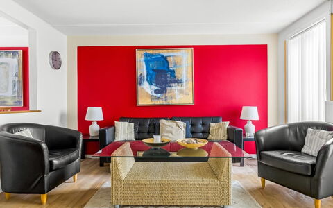 Fotij - 2.3Km from the Sea: Furniture, Interior Design, Flooring, Couch, Floor, Wall, Red, Room, Wood, Living Room