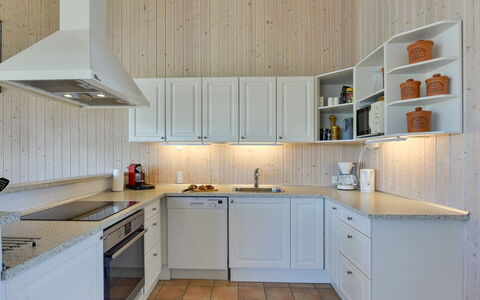 Dorethea - 300M from the Sea: Kitchen, Kitchen Appliance, Cabinetry, Wood, Flooring, Countertop, Interior Design, Major Appliance, Cupboard, Ceiling