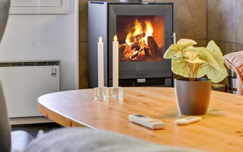 Cenia - 450M from the Sea: Hearth, Flooring, Furniture, Interior Design, Wood-Burning Stove, Floor, Living Room, Fireplace