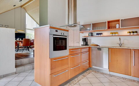 Gidsken - 30M from the Sea: Kitchen, Countertop, Interior Design, Flooring, Kitchen Appliance, Cabinetry, Furniture, Wood, Floor, Major Appliance