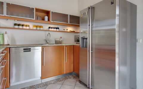 Gidsken - 30M from the Sea: Kitchen Appliance, Kitchen, Major Appliance, Cabinetry, Flooring, Countertop, Refrigerator, Wood, Home Appliance, Interior Design