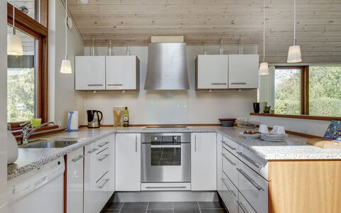Biaver - 350M from the Sea: Kitchen, Countertop, Kitchen Appliance, Flooring, Interior Design, Wood, Major Appliance, Cabinetry, Furniture, Ceiling