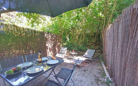 Saint Cyr sur Mer la Madrague 800: Furniture, Outdoor Furniture, Outdoor Table, Chair, Garden, Backyard, Shade, Yard, Landscaping, Umbrella