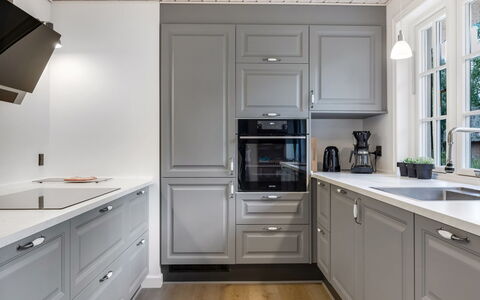 Emmeli - 1.2Km from the Sea: Kitchen, Cabinetry, Interior Design, Flooring, Ceiling, Kitchen Appliance, Countertop, Furniture, Floor, Drawer
