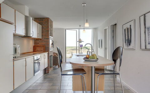 Helgo - 250M from the Sea: Furniture, Flooring, Interior Design, Floor, Wood, Chair, Ceiling, Kitchen, Countertop, Kitchen & Dining Room Table