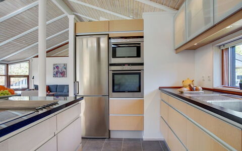 Angja - 800M from the Sea: Kitchen, Countertop, Interior Design, Flooring, Kitchen Appliance, Wood, Cabinetry, Major Appliance, Ceiling, Floor
