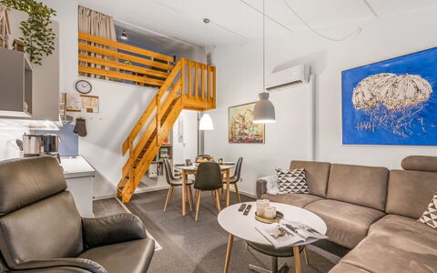 Soffhie - 250M from the Sea: Interior Design, Furniture, Couch, Flooring, Floor, Room, Ceiling, Living Room, Apartment