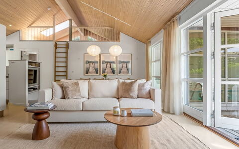 Börje - 600M from the Sea: Furniture, Interior Design, Flooring, Floor, Couch, Wood, Ceiling, Living Room, Room, Light Fixture
