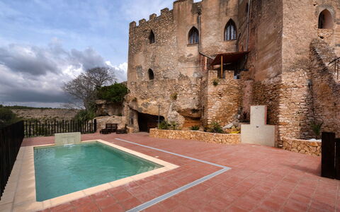 Mas D'En Tarres: Property, Sky, Table, Wood, Shade, Floor, Outdoor Furniture, Chair, Flooring, Wood Stain