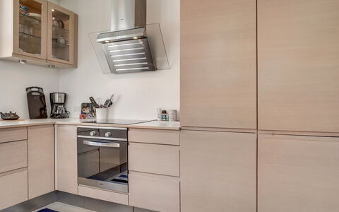 Fria - 500M from the Sea: Cabinetry, Furniture, Kitchen, Kitchen Appliance, Flooring, Countertop, Wood, Interior Design, Major Appliance, Home Appliance