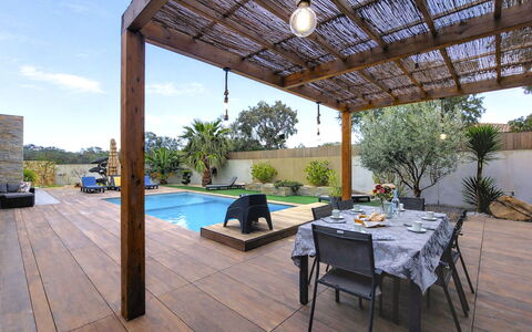 Villa les Lieges: Wood, Swimming Pool, Flooring, Floor, Outdoor Furniture, Wood Flooring, Shade, Resort, Deck, Eco Hotel